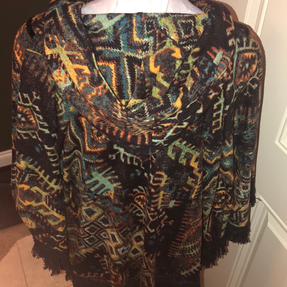 Multi Colored Fringed Hem Poncho Tunic Top - Picture 3 of 4